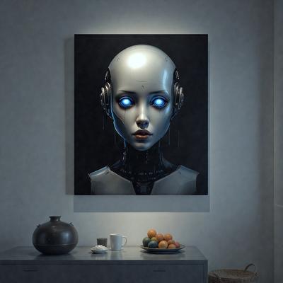 The primary subject of the image is a painting of a robotic face with blue eyes. The setting is a table with a bowl of fruit, including oranges and apples, and a cup. The visual style is a painting, and the colors and mood are dark and mysterious.